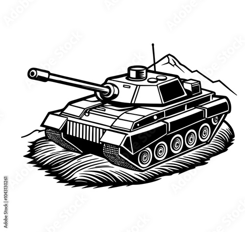 Vector illustration of a detailed military tank positioned on rugged terrain, featuring mountains, an Army  Armored Personnel Carrier outline, and a battle tank icon.