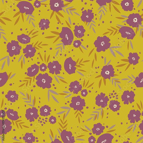 Seamless floral pattern based on traditional folk art ornaments. Colorful flowers on color background. Scandinavian style. Sweden nordic style. Vector illustration. Simple minimalistic pattern