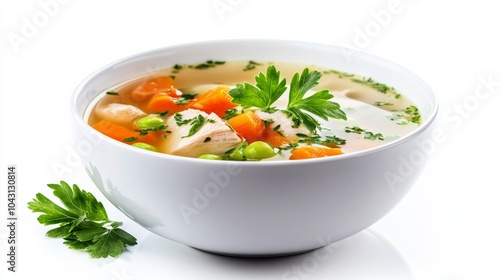 A hearty chicken and vegetable soup in a white bowl, featuring colorful veggies and peas, garnished with herbs, perfect for any meal.