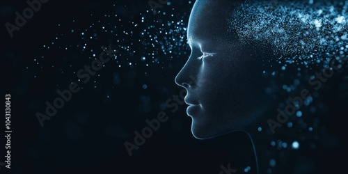 Minimalistic digital human face formed by light particles against dark background with ai elements