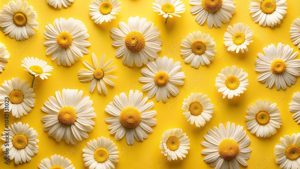 Dainty White Daisies Scattered on a Vibrant Yellow Background, Creating a Summery and Cheerful Composition Dainty White Daisies Scattered on a Vibrant Yellow Background, Creating a Summery and Cheerful Composition