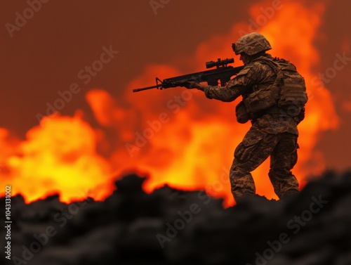 A Soldier Stands Guard Against a Fiery Horizon Symbolizing Courage in Adversity