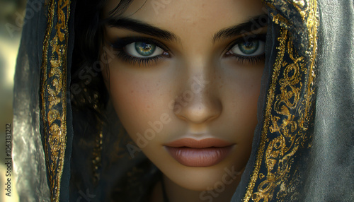 Portrait of a woman with captivating eyes and detailed scarf.