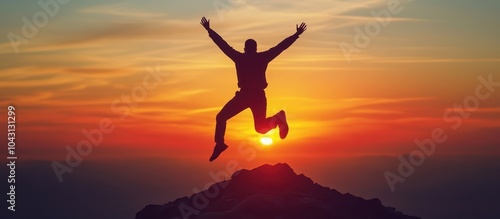 Wallpaper Mural Silhouette of a Person Jumping with Joy Against a Vibrant Sunset Sky on a Mountain Peak Torontodigital.ca