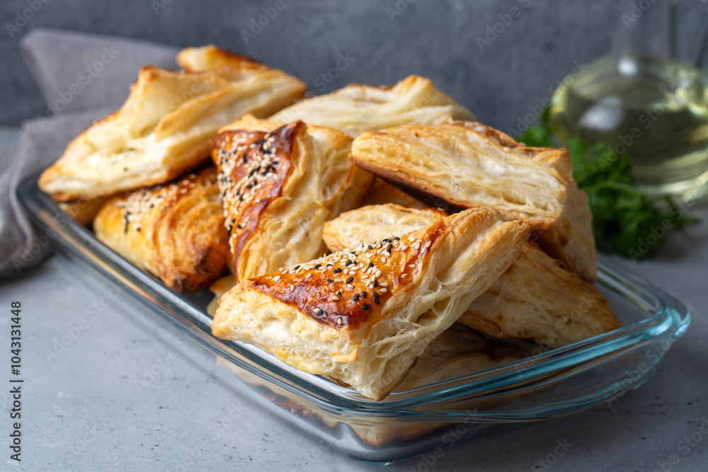 Triangular puff pastry with cheese is delicious Triangular puff pastry with cheese is delicious