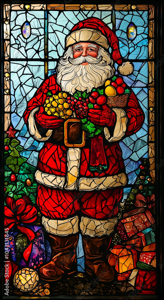Obraz premium Colorful stained glass window featuring a cheerful Santa Claus surrounded by festive decorations.