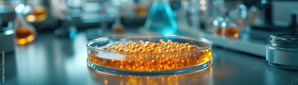 Obraz premium Laboratory Petri Dish with Orange Liquid and Beads on Scientific Research Table in Modern Laboratory Setting