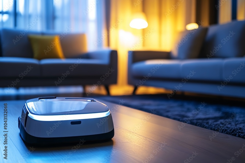 Minimalist image of a robot tidying a modern living room with soft lighting and clean aesthetic Minimalist image of a robot tidying a modern living room with soft lighting and clean aesthetic