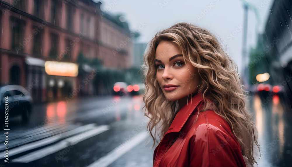 Junge Frau bei Regen in einer Stadt Junge Frau bei Regen in einer Stadt