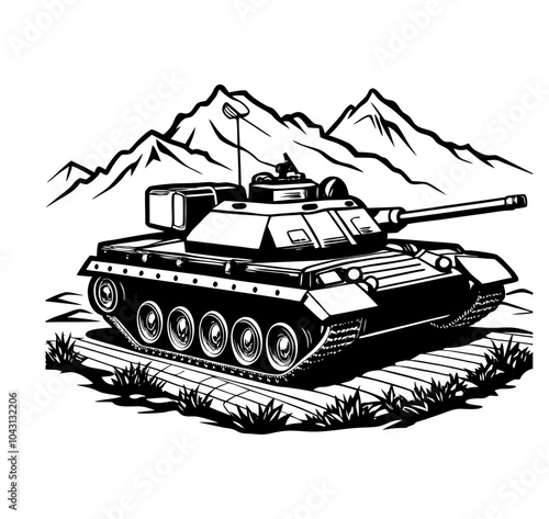 Vector illustration of a detailed military tank positioned on rugged terrain, featuring mountains, an Army  Armored Personnel Carrier outline, and a battle tank icon.