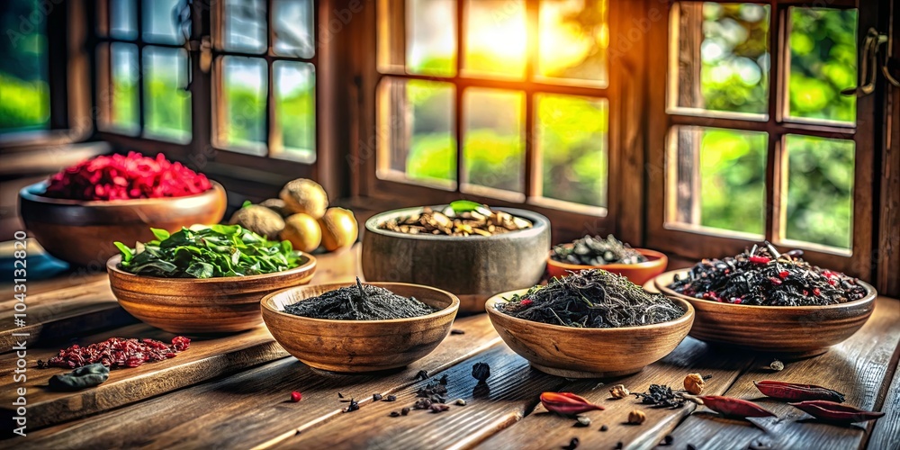 Fototapeta premium A Still Life of Dried Herbs and Spices in Wooden Bowls on a Rustic Table