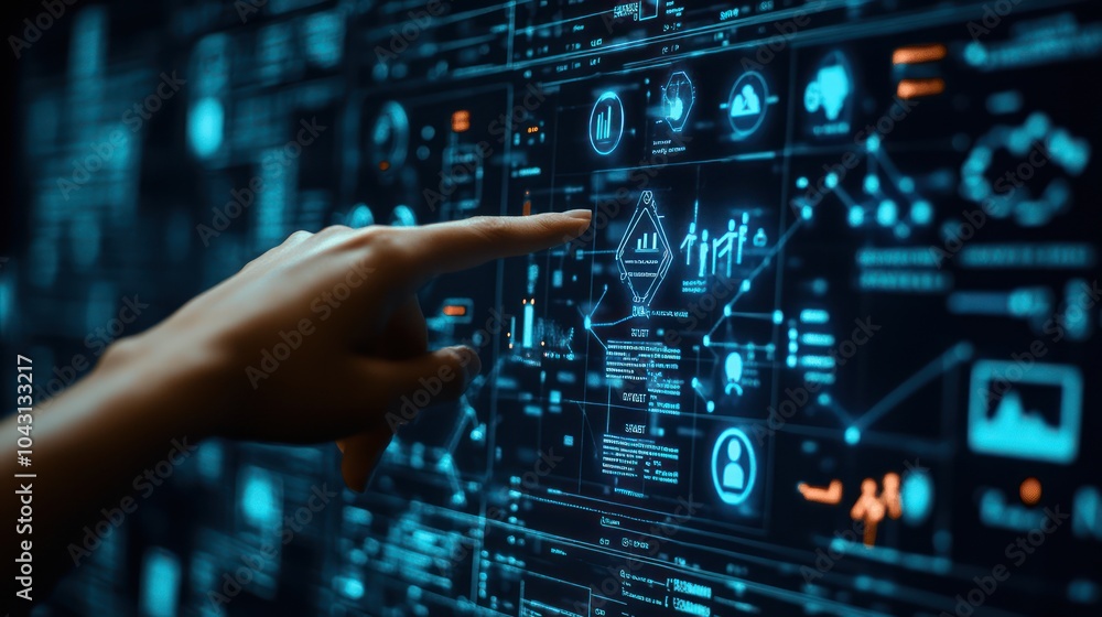 Interactive Data Visualization: Human Hand Interacting with Digital Interface Interactive Data Visualization: Human Hand Interacting with Digital Interface