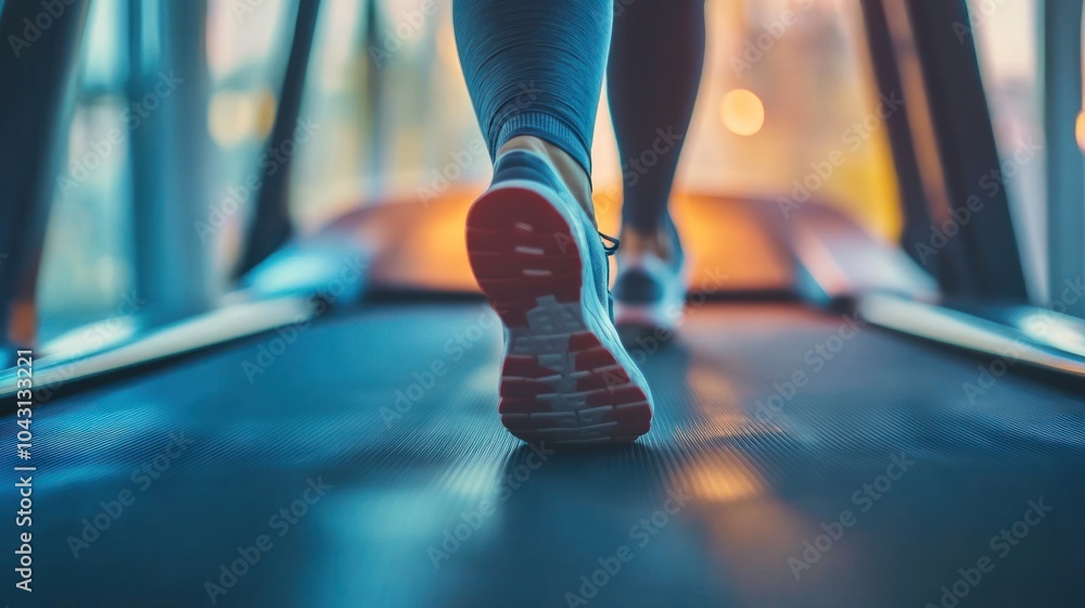 Naklejka premium Close-up of a person's feet wearing sneakers while walking or running on a treadmill, with a focus on movement and exercise inside a gym.