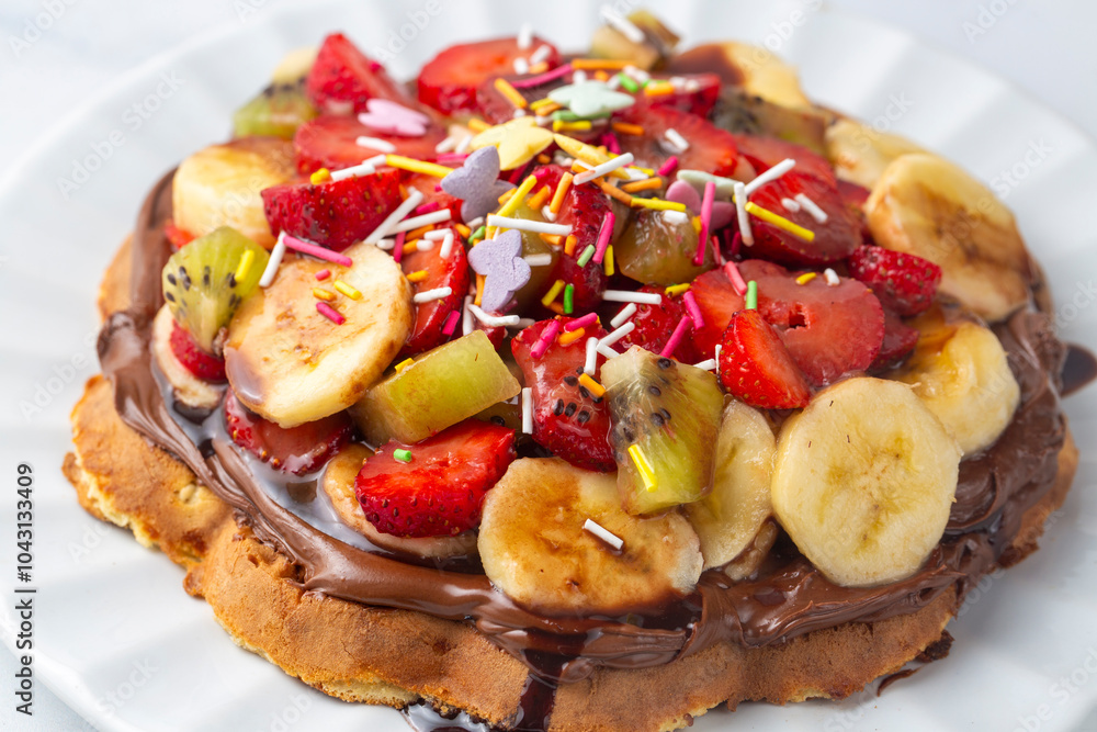 Fruit waffles, bananas with chocolate sauce, strawberries, chocolate chip fries, handmade Turkish waffles and pistachios