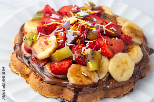 Obraz na płótnie Fruit waffles, bananas with chocolate sauce, strawberries, chocolate chip fries, handmade Turkish waffles and pistachios w salonie