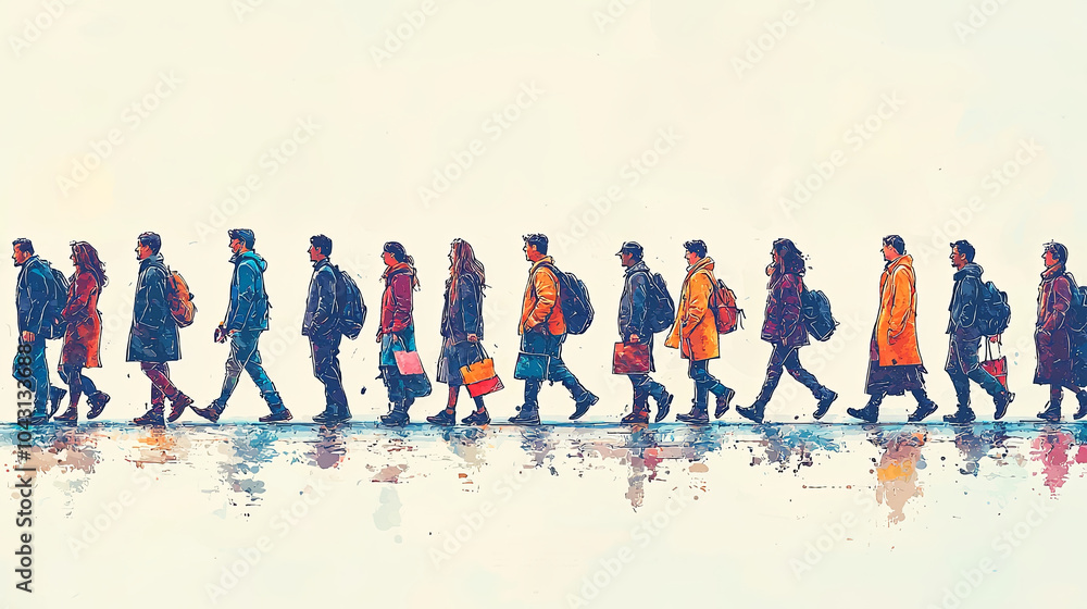 Naklejka premium Diverse group of people walking in line with reflections