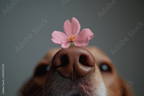 Ein Golden Retriever mit einer rosa Blume auf der Nase