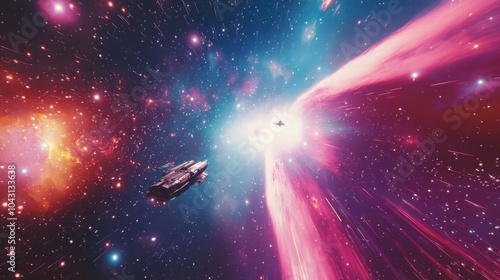 A retro-style backdrop depicting spaceships traveling through colorful star fields in a 70s sci-fi design.