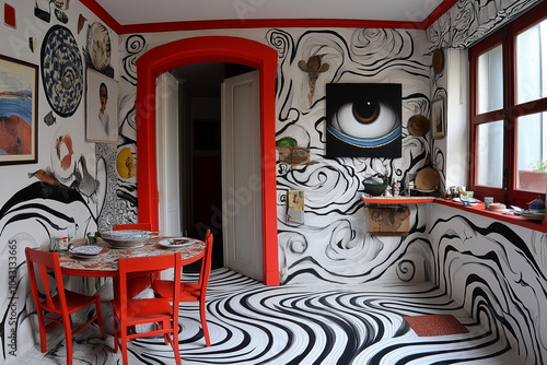 Surrealer Raum mit abstrakter Kunst