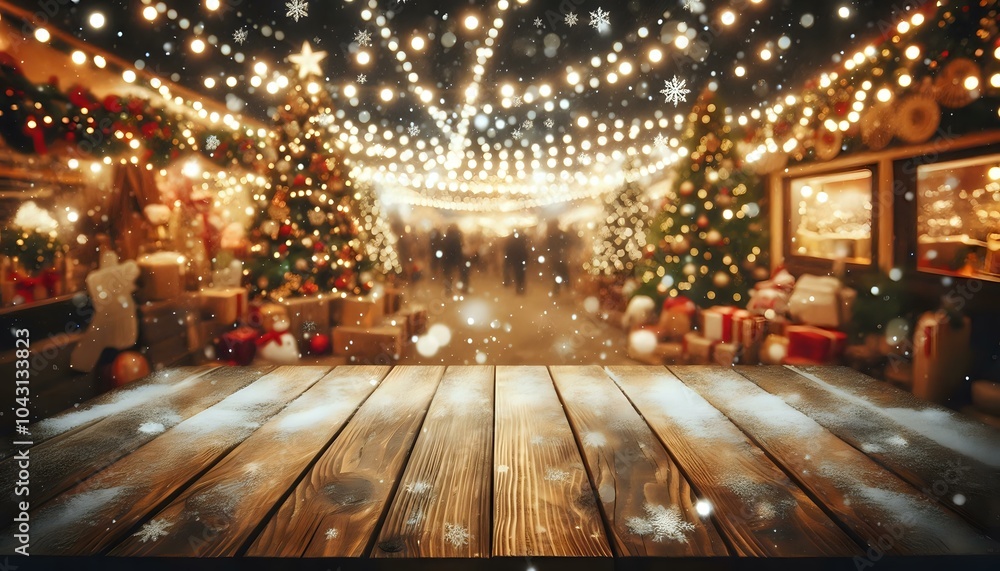 Festive Holiday Market with Wooden Table and Snowfall
Festive Holiday Market with Wooden Table and Snowfall