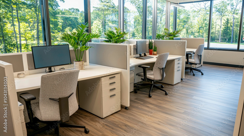 Fototapeta premium A modern, open office space featuring desks, ergonomic chairs, greenery, and large windows providing natural light and a view of nature.
