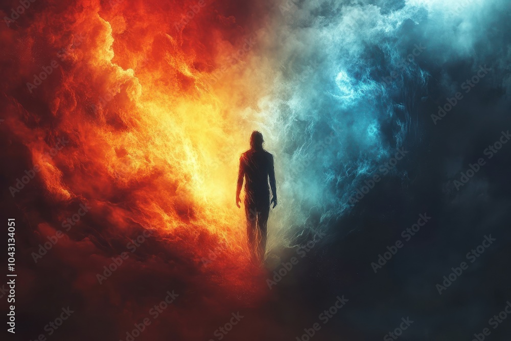 A man stands in the middle of a fiery red and blue cloud