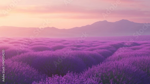 A field of lavender glowing under soft light, stretching toward the horizon and creating a peaceful, dreamlike scene