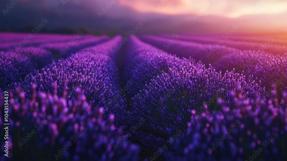 Fototapeta premium A stunning lavender field under soft lighting, with endless rows stretching to the horizon, evoking a peaceful, dreamy feeling