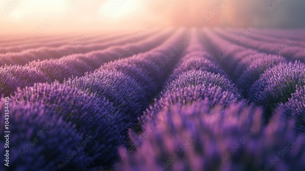Fototapeta premium A tranquil lavender field bathed in soft, magical light, with endless rows stretching into the horizon
