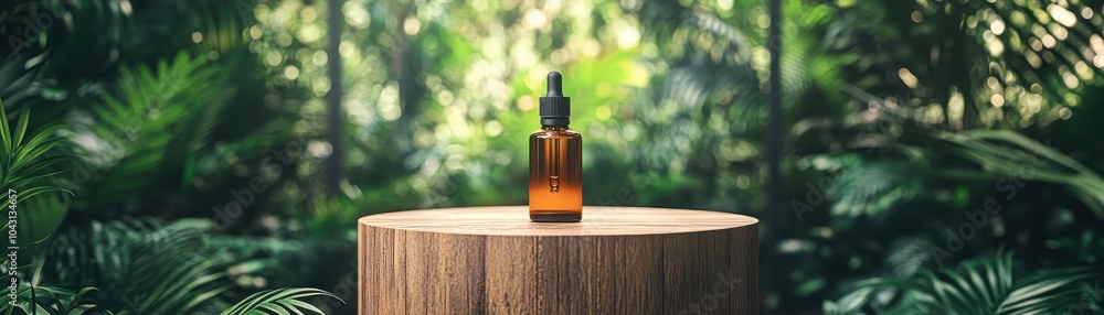 ** Eco-Friendly Glass Dropper Bottle on Wooden Pedestal Amidst Lush Greenery in a Tropical Forest Setting..** ** Eco-Friendly Glass Dropper Bottle on Wooden Pedestal Amidst Lush Greenery in a Tropical Forest Setting..**