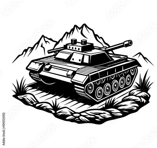 Vector illustration of a detailed military tank positioned on rugged terrain, featuring mountains, an Army  Armored Personnel Carrier outline, and a battle tank icon.