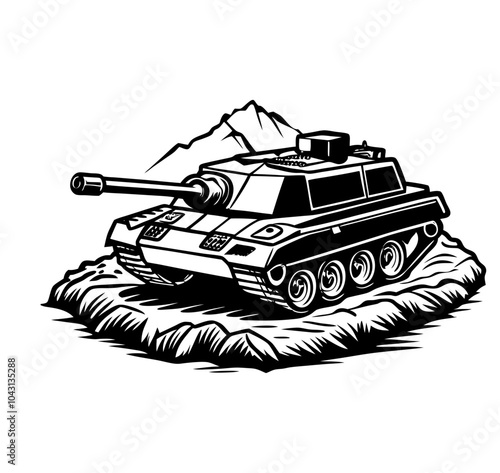 Vector illustration of a detailed military tank positioned on rugged terrain, featuring mountains, an Army  Armored Personnel Carrier outline, and a battle tank icon.