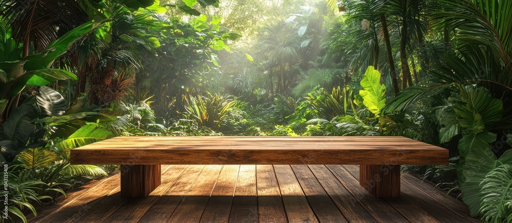 Tranquil Wooden Bench in Lush Tropical Jungle with Sunlight Filtering Through Dense Greenery Tranquil Wooden Bench in Lush Tropical Jungle with Sunlight Filtering Through Dense Greenery