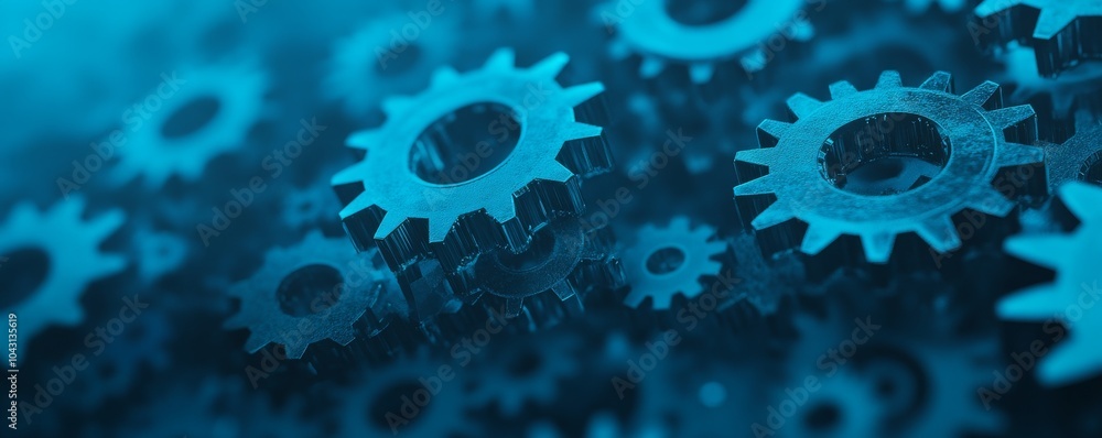 A detailed image of interlocking gears in a vibrant blue hue, highlighting mechanical components and their intricate design A detailed image of interlocking gears in a vibrant blue hue, highlighting mechanical components and their intricate design