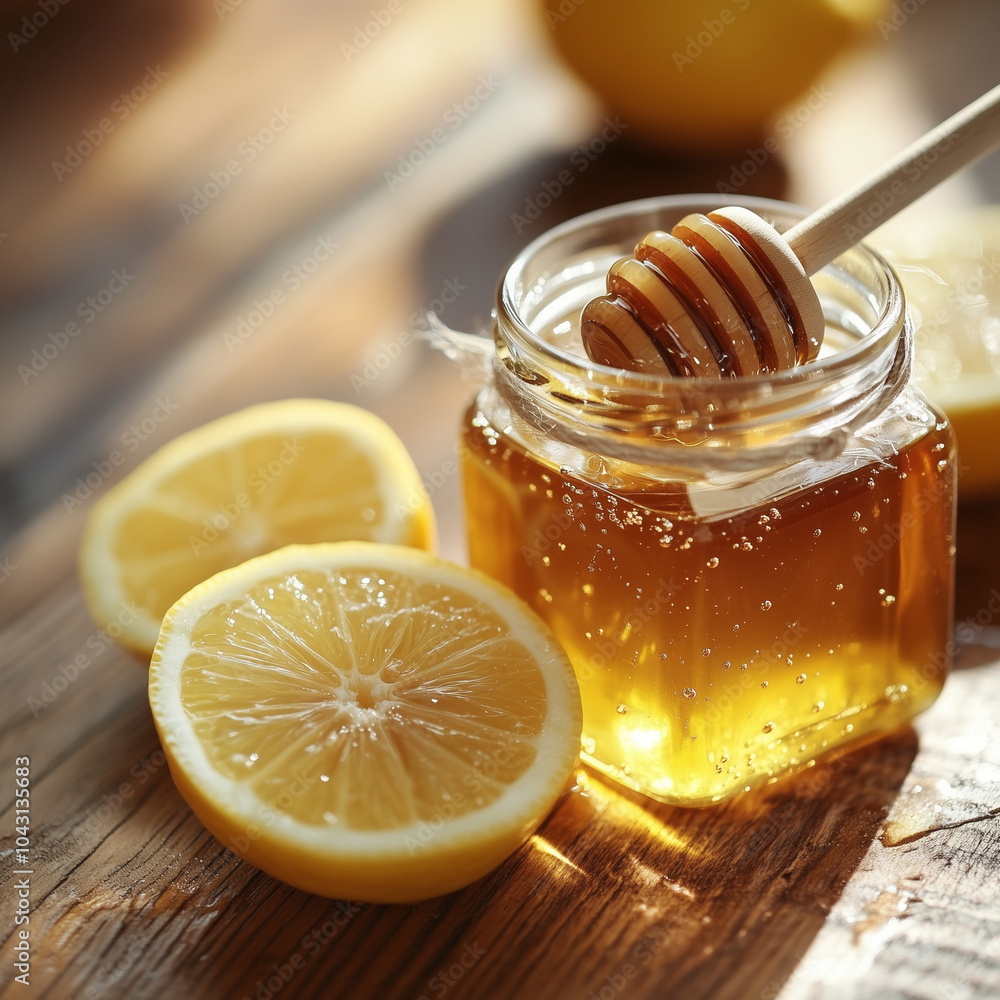 Honey jar with lemon slices on wooden table in natural light. Honey jar with lemon slices on wooden table in natural light.