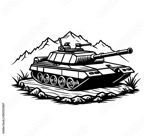 Vector illustration of a detailed military tank positioned on rugged terrain, featuring mountains, an Army  Armored Personnel Carrier outline, and a battle tank icon.