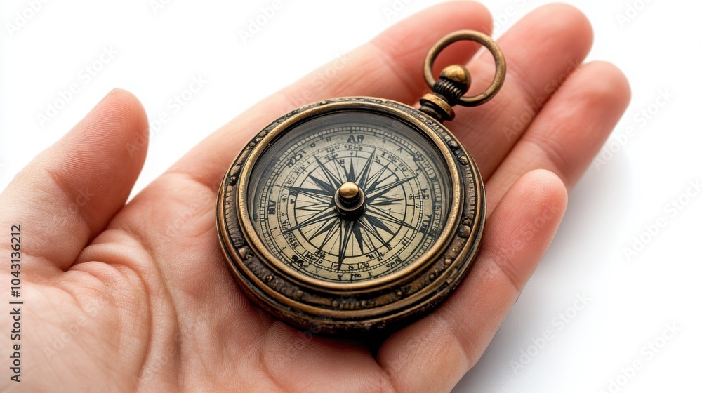 person’s hand holding an antique brass compass, with the intricate details of the compass visible person’s hand holding an antique brass compass, with the intricate details of the compass visible