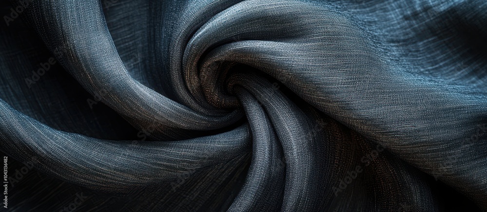 Fototapeta premium Elegant Close-Up of Luxurious Dark Blue Fabric with Intricate Texture and Soft Folds in a Swirling Pattern