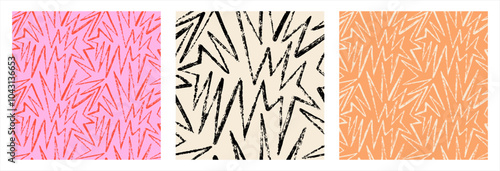 Сontinuous brush chalk crayon drawn rough textured grungy line seamless repeat vector pattern. Zigzag, broken line, sharp corners chaotic endless line artistic hand drawn doodle geometric background.
