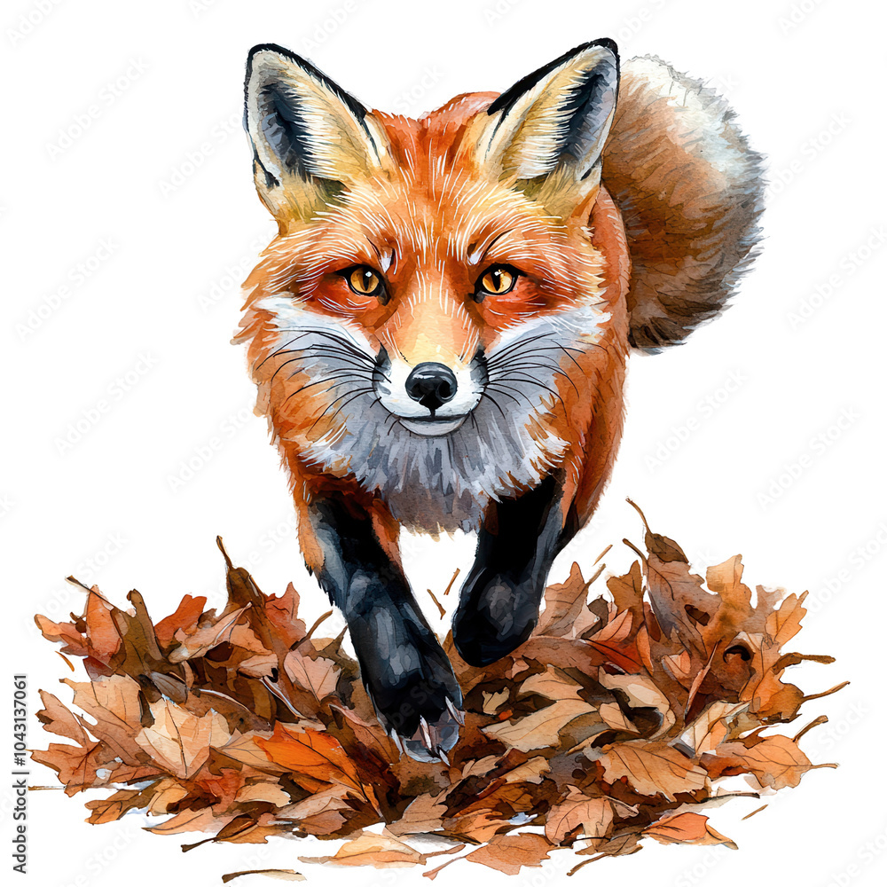 Fototapeta premium A vibrant fox emerges from a sea of autumn leaves, showcasing its striking orange coat and playful demeanor against a black background.