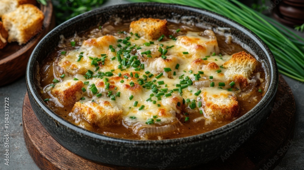 French onion soup with toasted bread and melted cheese in a cast iron bowl French onion soup with toasted bread and melted cheese in a cast iron bowl