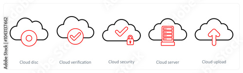 A set of 5 big data icons as cloud disc, cloud verification, cloud security