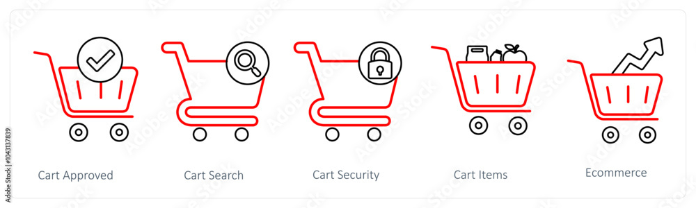 A set of 5 cart icons as cart approved, cart search, cart security A set of 5 cart icons as cart approved, cart search, cart security