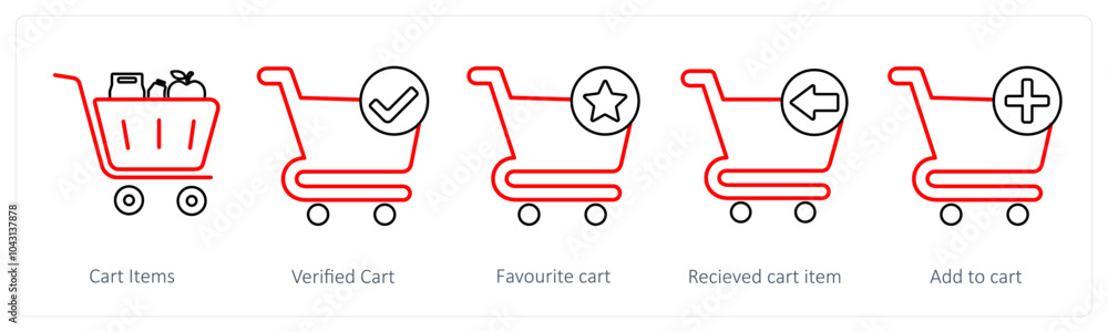 A set of 5 cart icons as cart items, verified cart, favorite cart A set of 5 cart icons as cart items, verified cart, favorite cart