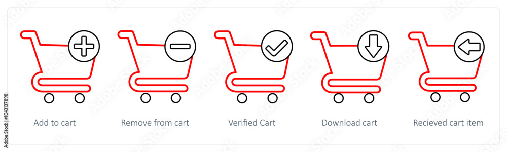 A set of 5 cart icons as add to cart, remove from cart, verified cart A set of 5 cart icons as add to cart, remove from cart, verified cart