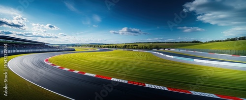Race track with winding asphalt road surrounded by lush green grass, under bright blue sky with scattered clouds.