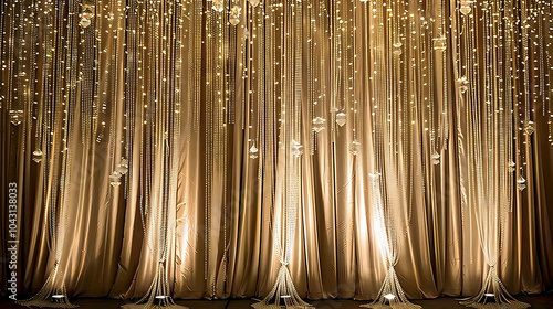 Elegant and classic gold curtain with crystal beads. Perfect for a luxurious wedding or event. photo