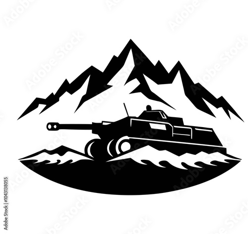 Vector illustration of a detailed logo-type military tank positioned on rugged terrain, featuring mountains, an Army  Armored Personnel Carrier outline, and a battle tank icon.