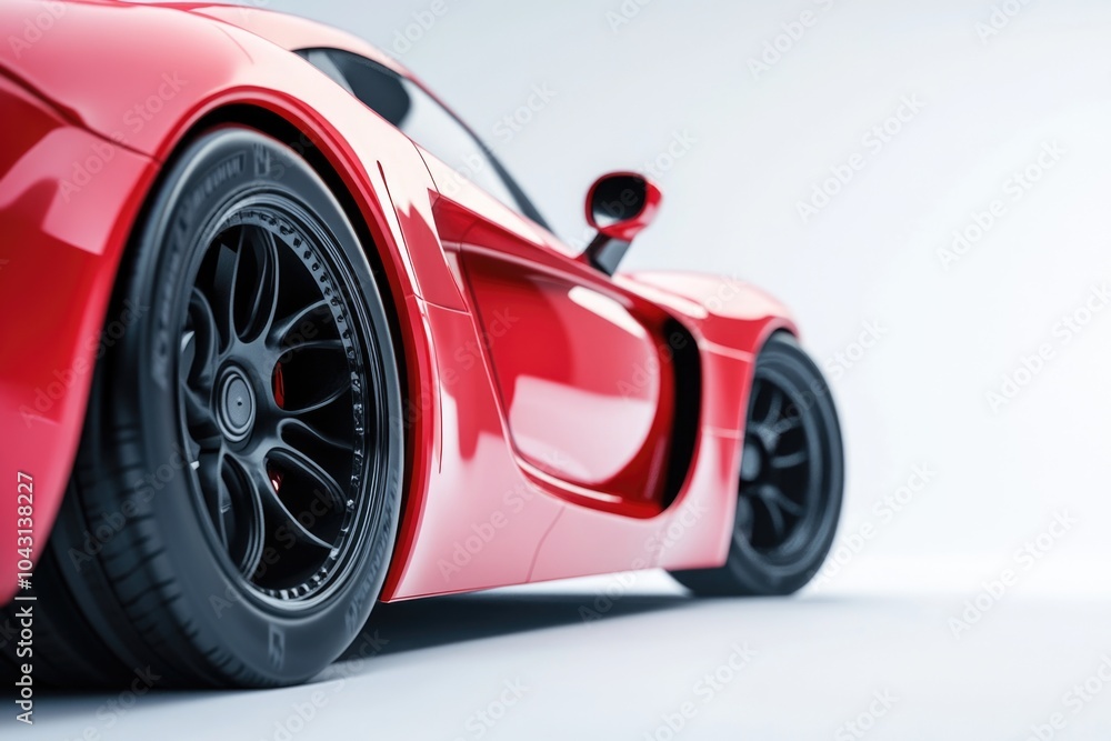 Close-up of a red sports car with black wheels on a white background, detailed. Close-up of a red sports car with black wheels on a white background, detailed.