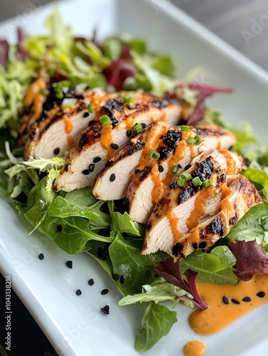 Close crop of a grilled chicken salad with honey mustard drizzle and black sesame seeds